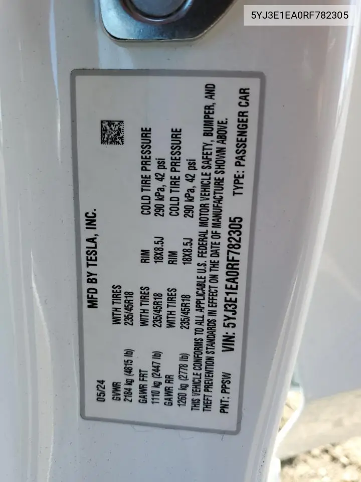 2024 Tesla Model 3 VIN: 5YJ3E1EA0RF782305 Lot: 62915685