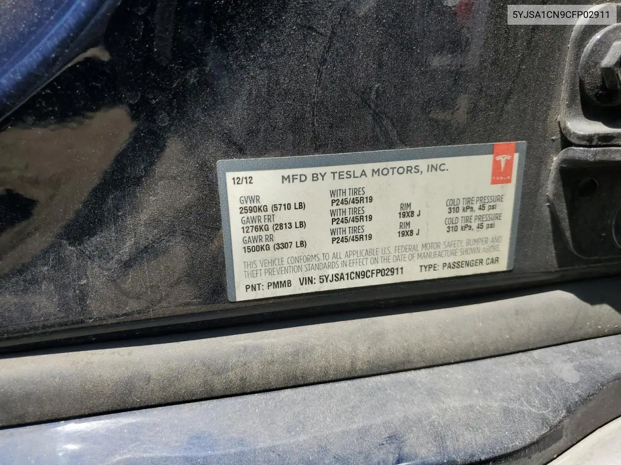 2012 Tesla Model S VIN: 5YJSA1CN9CFP02911 Lot: 62334065
