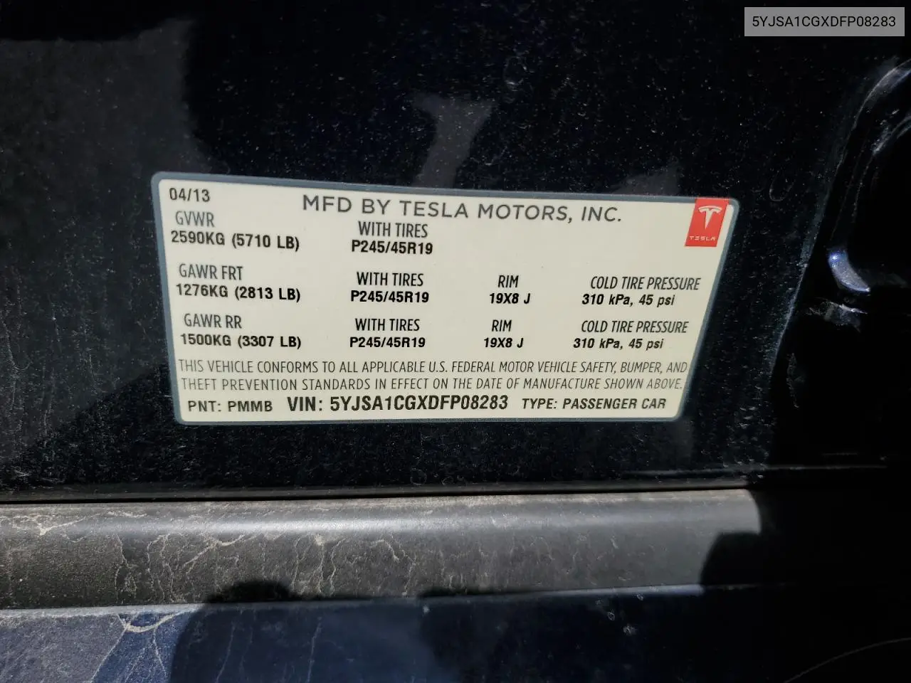 2013 Tesla Model S VIN: 5YJSA1CGXDFP08283 Lot: 56563005