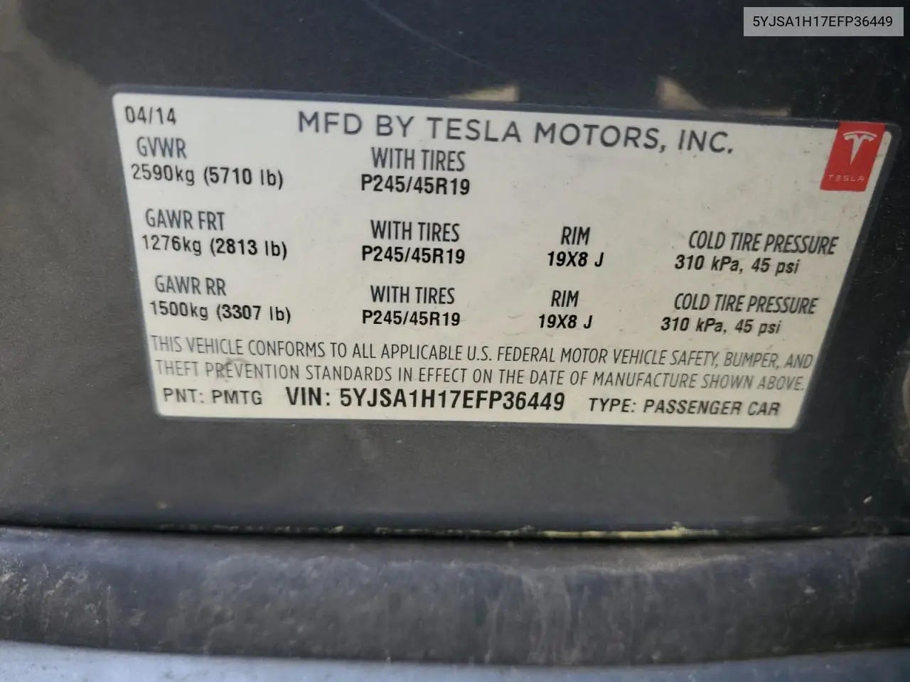 2014 Tesla Model S VIN: 5YJSA1H17EFP36449 Lot: 56512065