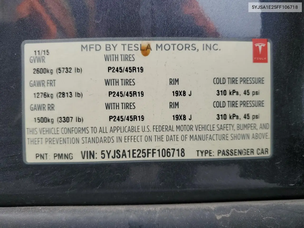 2015 Tesla Model S VIN: 5YJSA1E25FF106718 Lot: 62197505