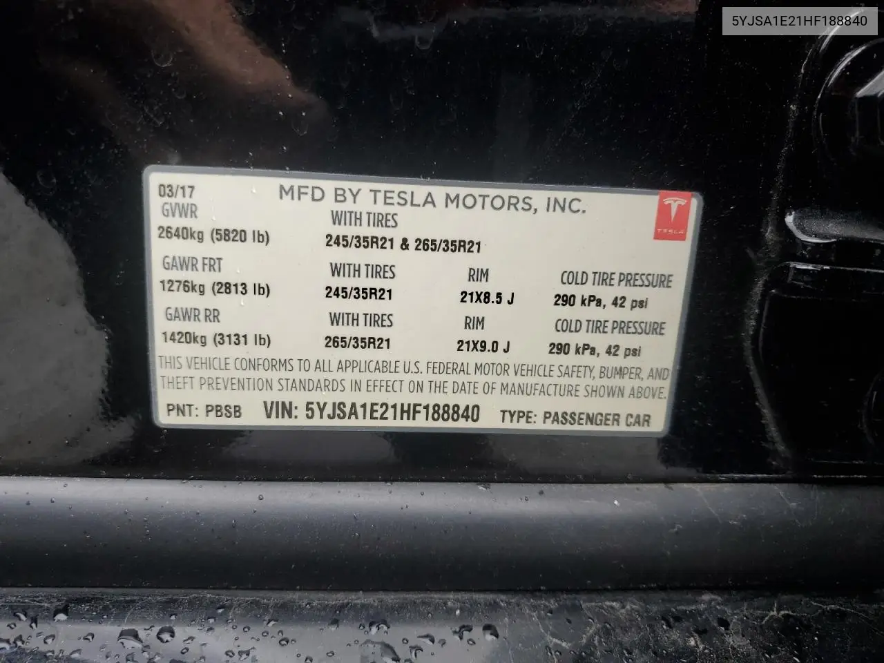 2017 Tesla Model S VIN: 5YJSA1E21HF188840 Lot: 62683685