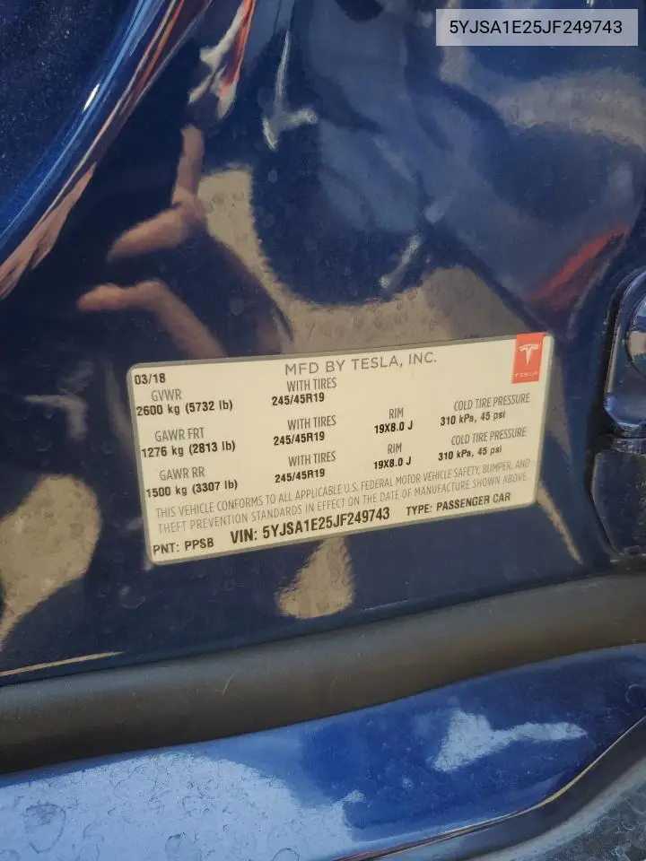 2018 Tesla Model S VIN: 5YJSA1E25JF249743 Lot: 59636235
