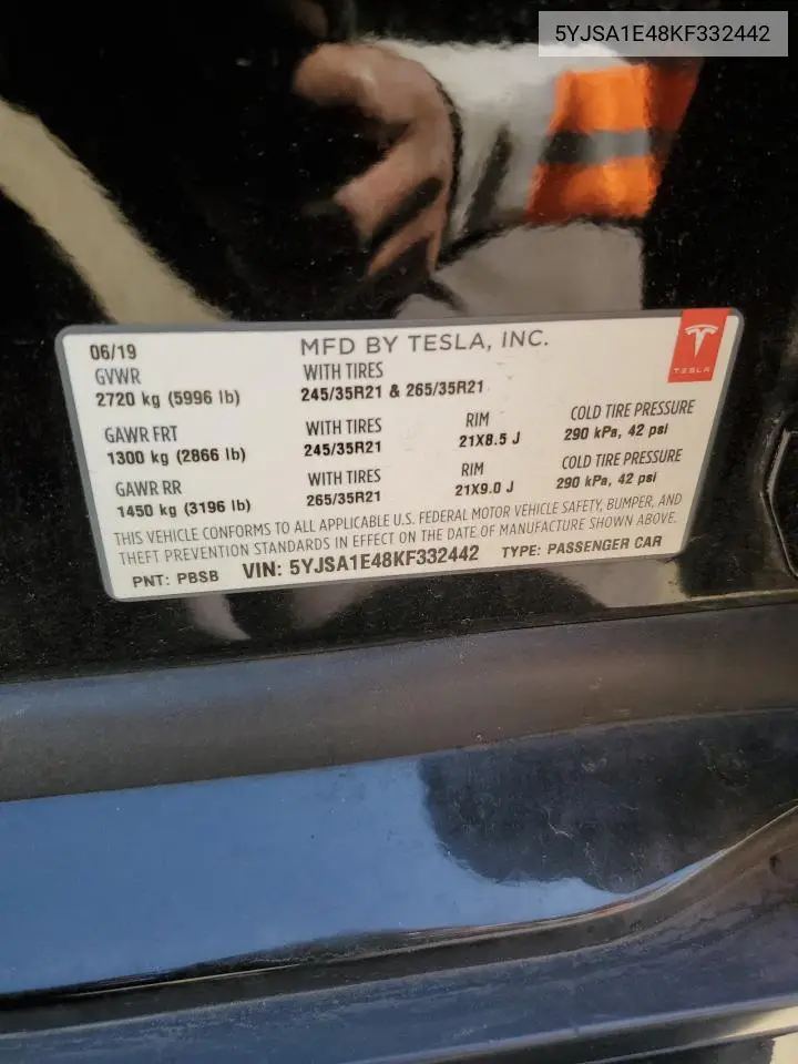 2019 Tesla Model S VIN: 5YJSA1E48KF332442 Lot: 58817505