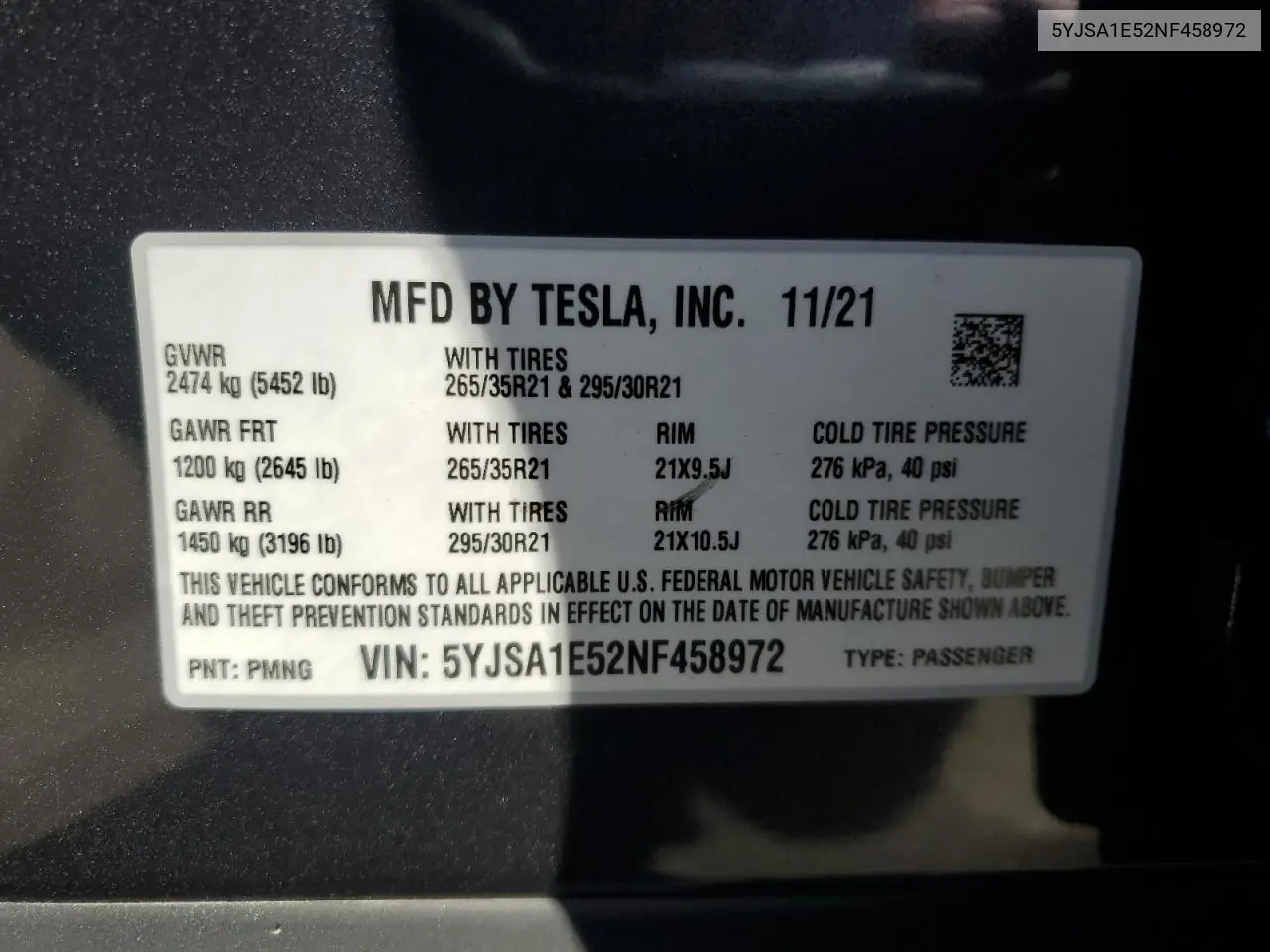 2022 Tesla Model S VIN: 5YJSA1E52NF458972 Lot: 60757205