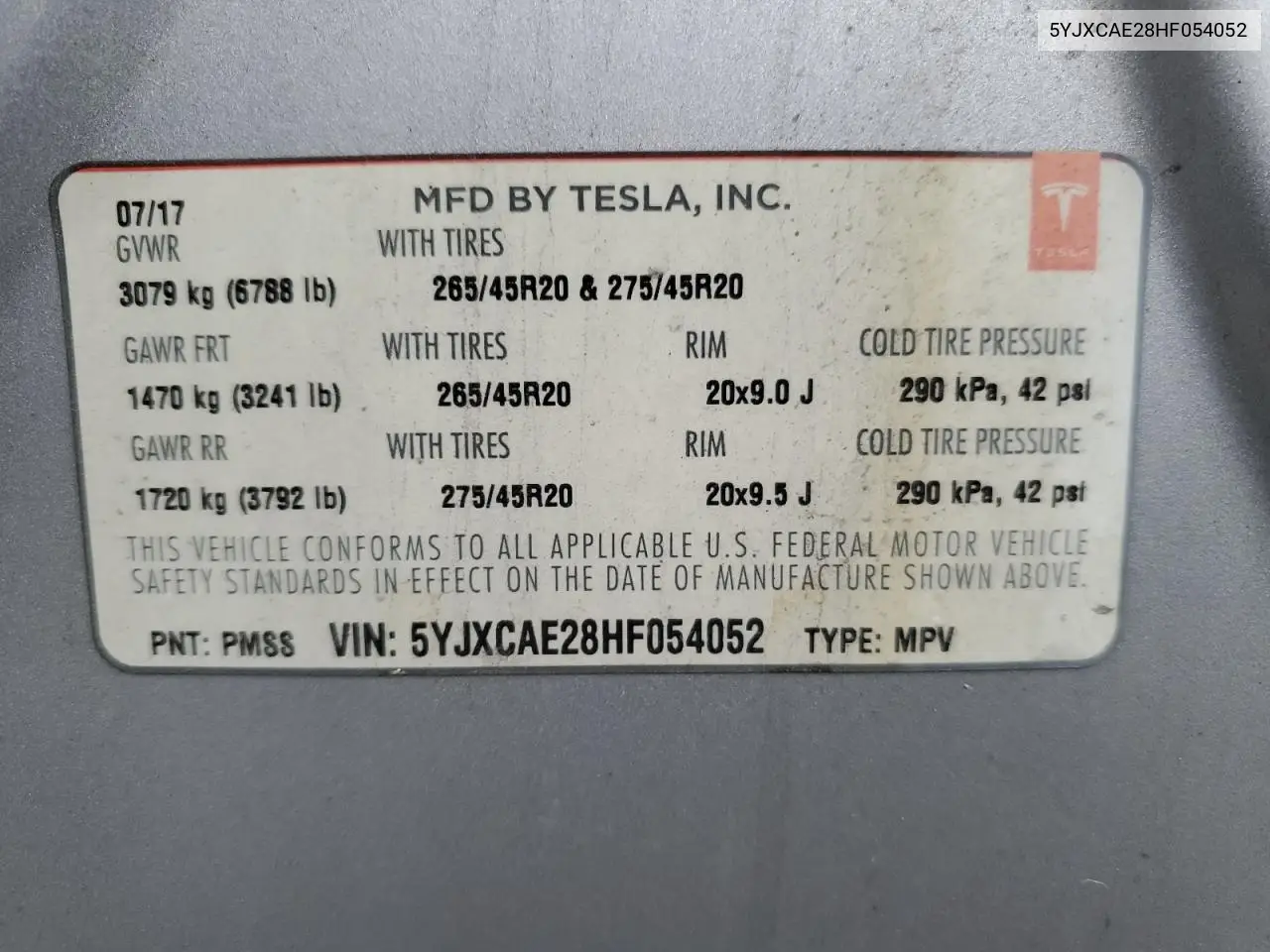 2017 Tesla Model X VIN: 5YJXCAE28HF054052 Lot: 63107325