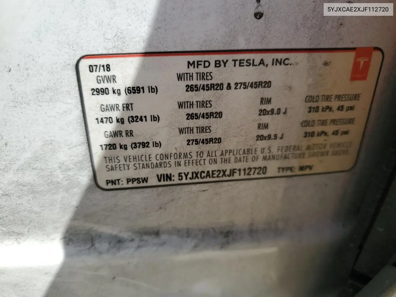 2018 Tesla Model X VIN: 5YJXCAE2XJF112720 Lot: 61868085