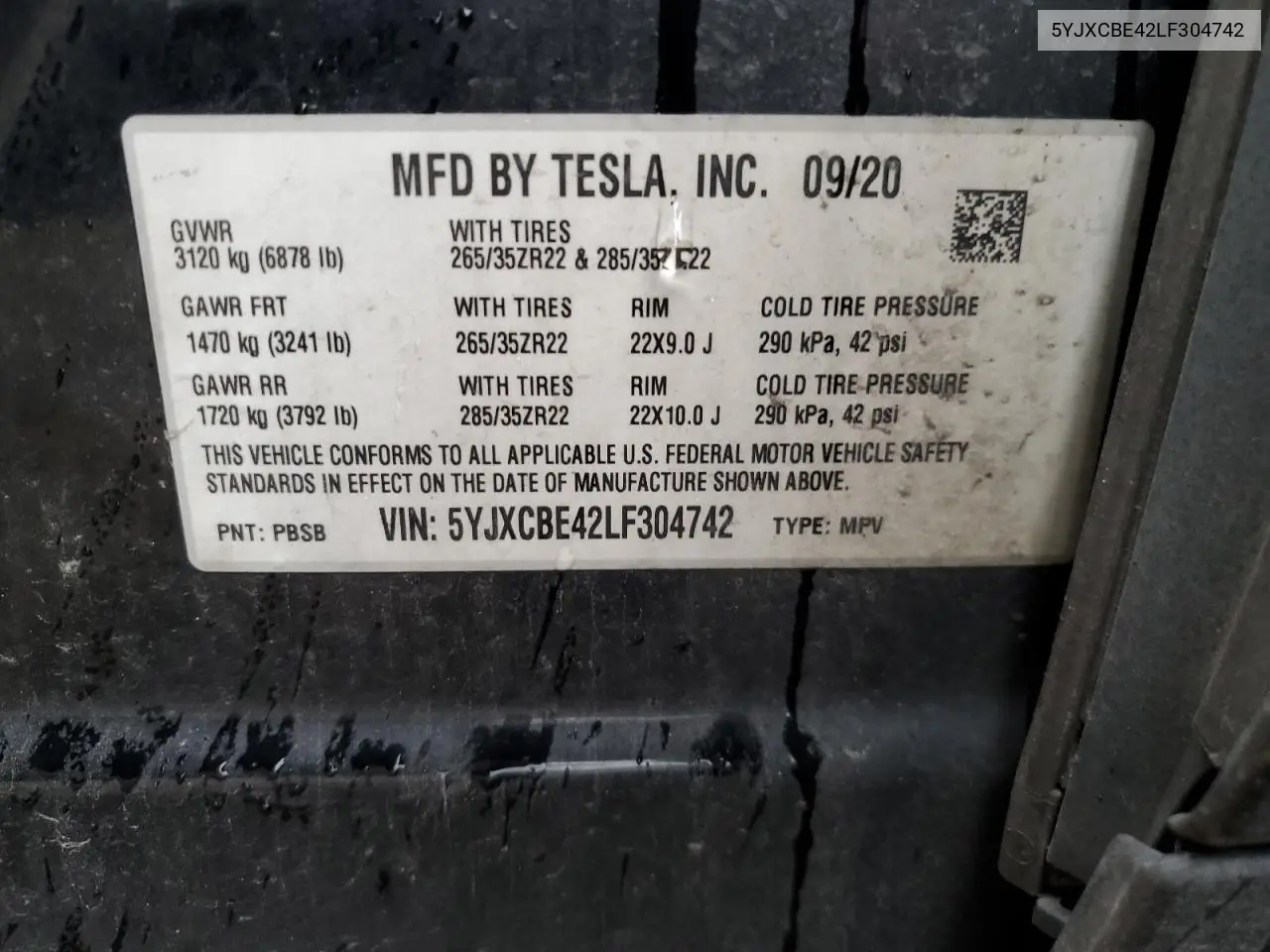 2020 Tesla Model X VIN: 5YJXCBE42LF304742 Lot: 53614825
