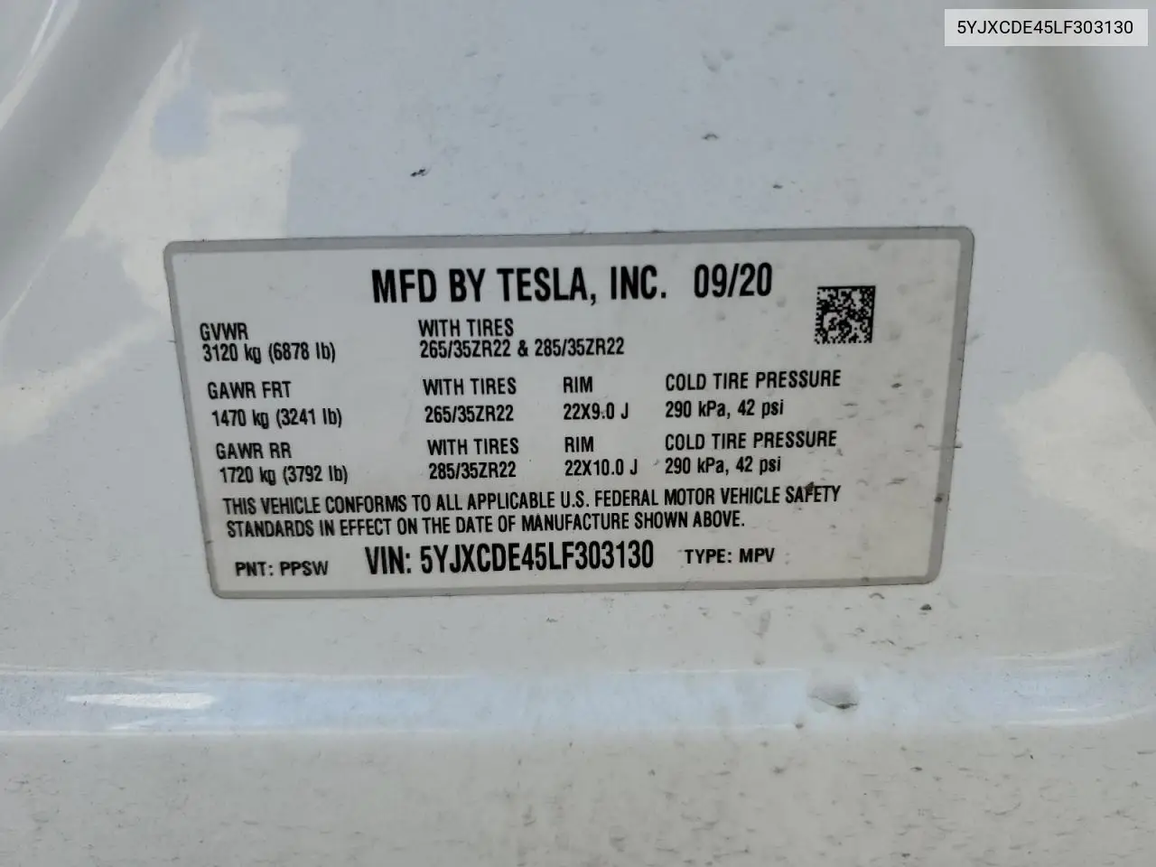2020 Tesla Model X VIN: 5YJXCDE45LF303130 Lot: 55464665