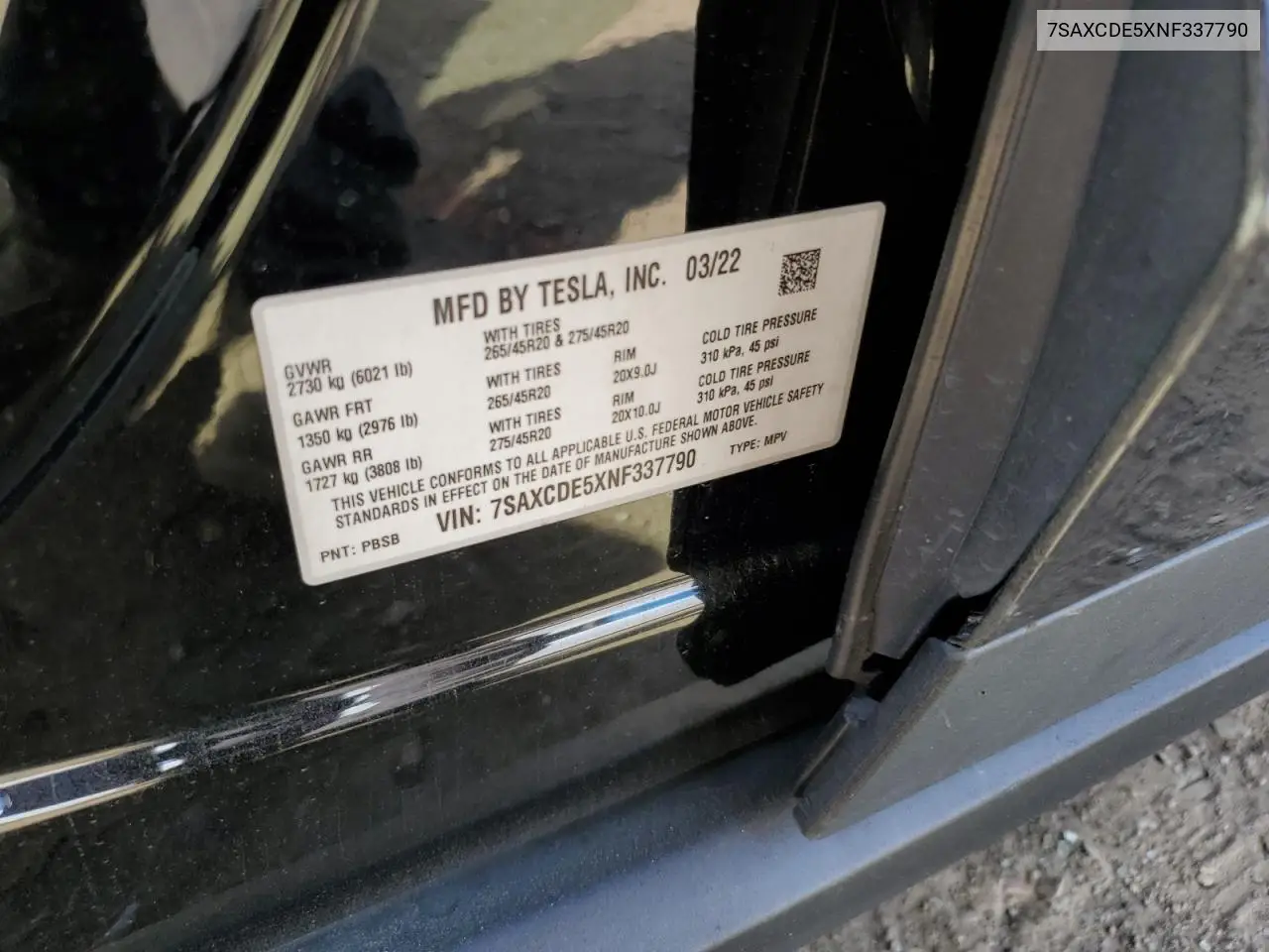 2022 Tesla Model X VIN: 7SAXCDE5XNF337790 Lot: 57107955
