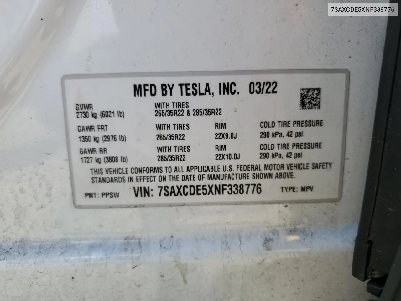2022 Tesla Model X VIN: 7SAXCDE5XNF338776 Lot: 61865365