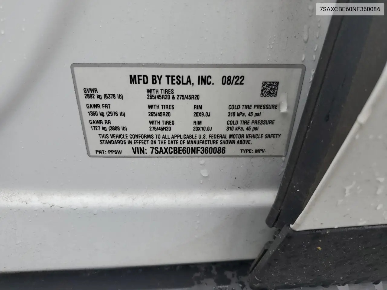 2022 Tesla Model X VIN: 7SAXCBE60NF360086 Lot: 62696045
