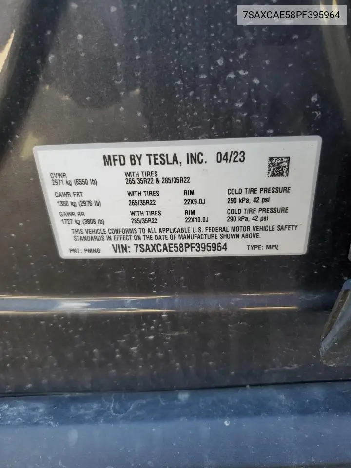 2023 Tesla Model X VIN: 7SAXCAE58PF395964 Lot: 50289865