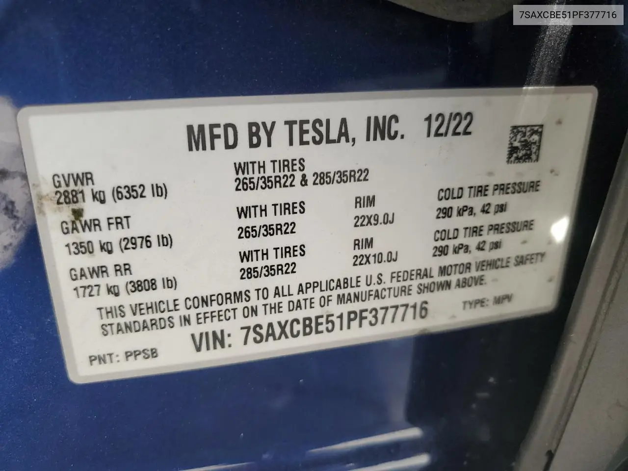 2023 Tesla Model X VIN: 7SAXCBE51PF377716 Lot: 61957035