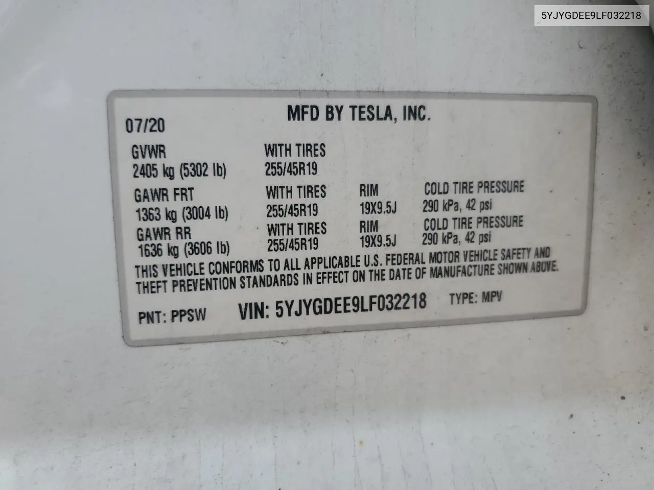 2020 Tesla Model Y VIN: 5YJYGDEE9LF032218 Lot: 59006925