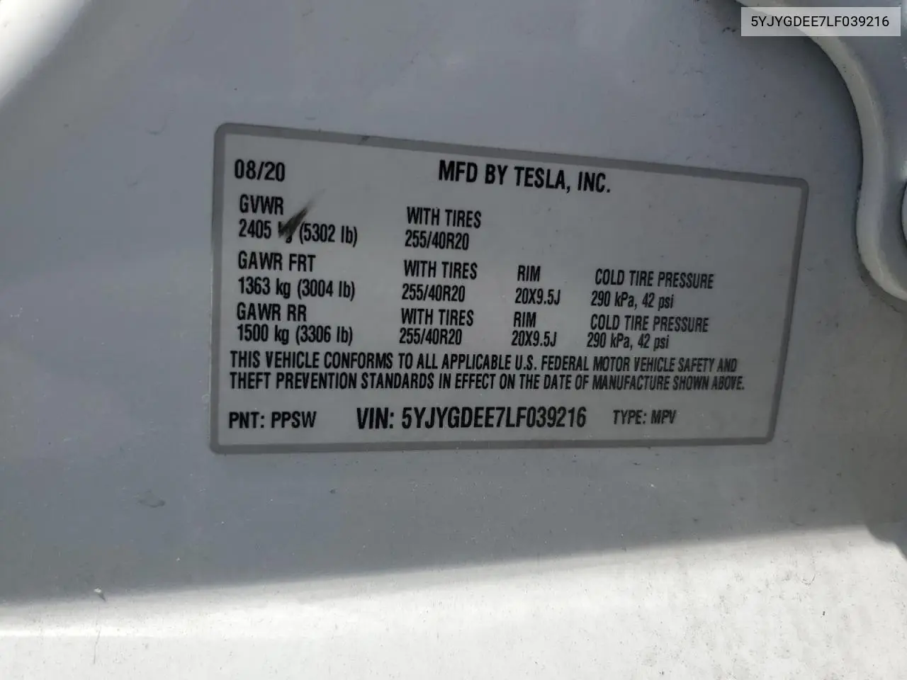 2020 Tesla Model Y VIN: 5YJYGDEE7LF039216 Lot: 60645965