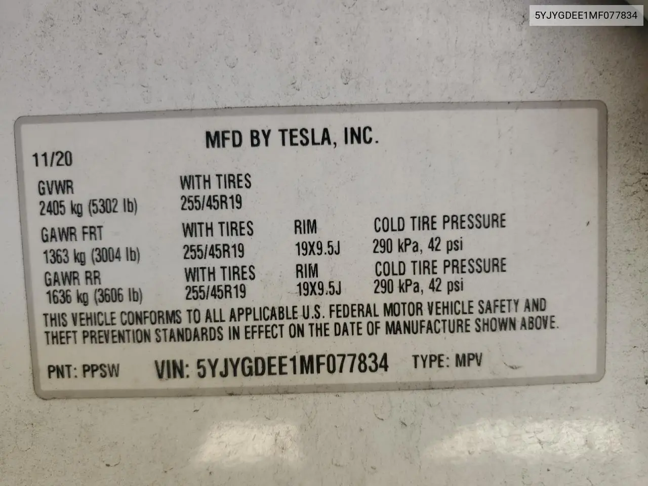 2021 Tesla Model Y VIN: 5YJYGDEE1MF077834 Lot: 59222245