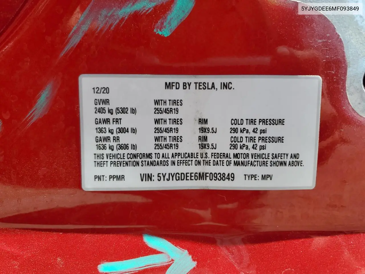 2021 Tesla Model Y VIN: 5YJYGDEE6MF093849 Lot: 65717535