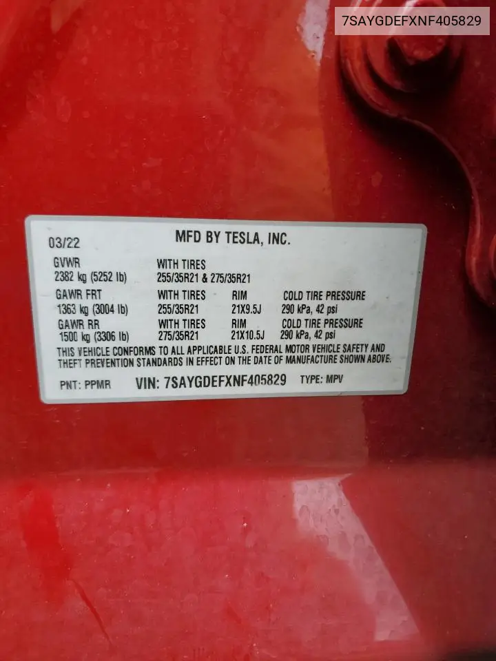 2022 Tesla Model Y VIN: 7SAYGDEFXNF405829 Lot: 56244275