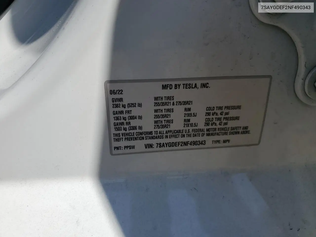 2022 Tesla Model Y VIN: 7SAYGDEF2NF490343 Lot: 63494385