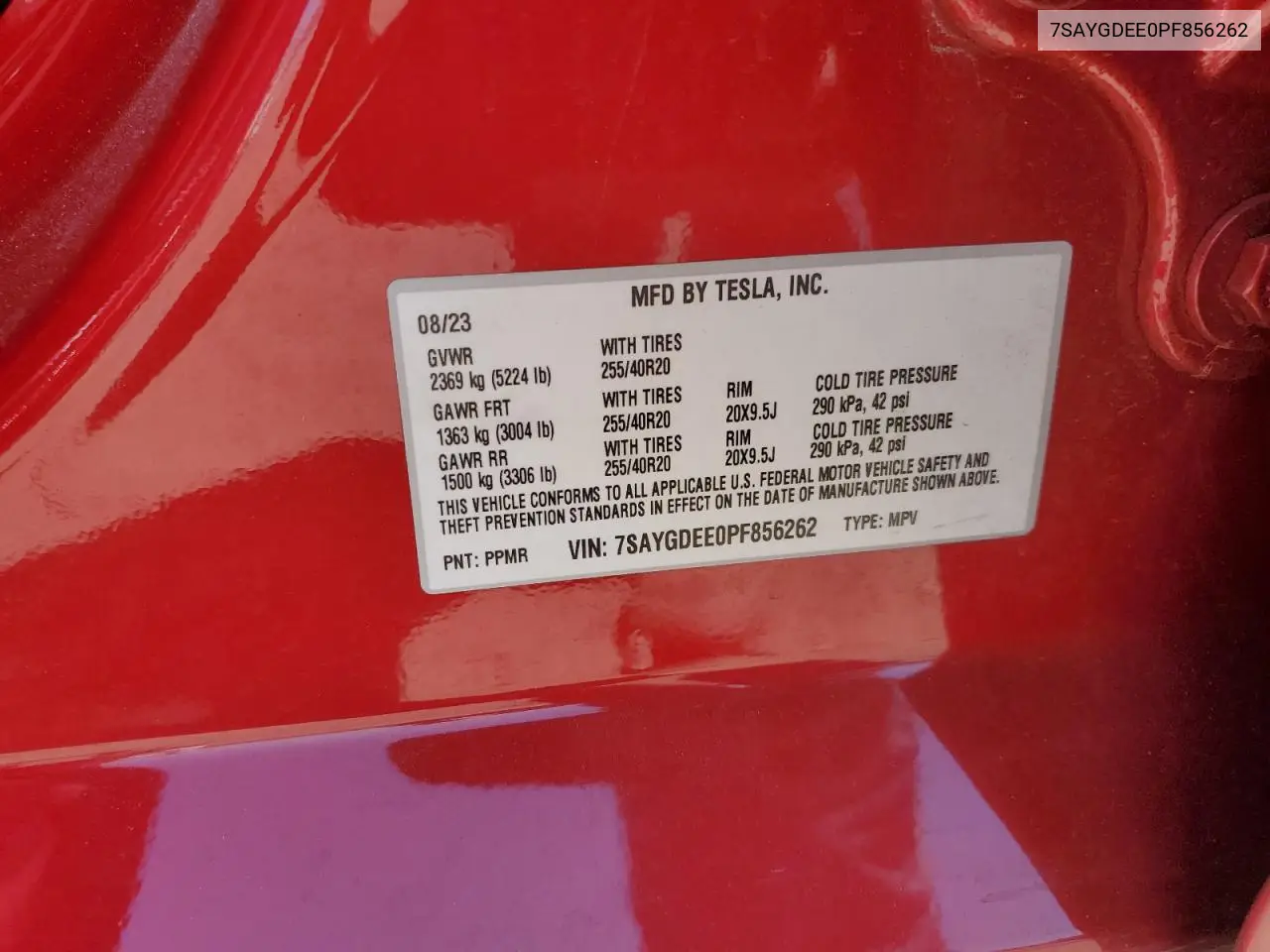 2023 Tesla Model Y VIN: 7SAYGDEE0PF856262 Lot: 63017675
