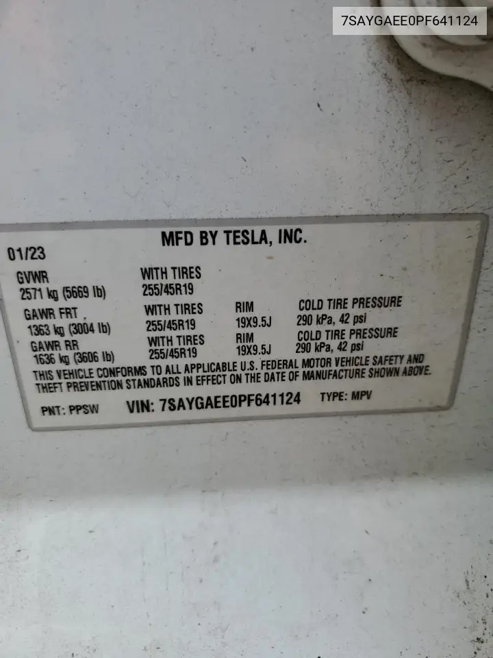 2023 Tesla Model Y VIN: 7SAYGAEE0PF641124 Lot: 65140725