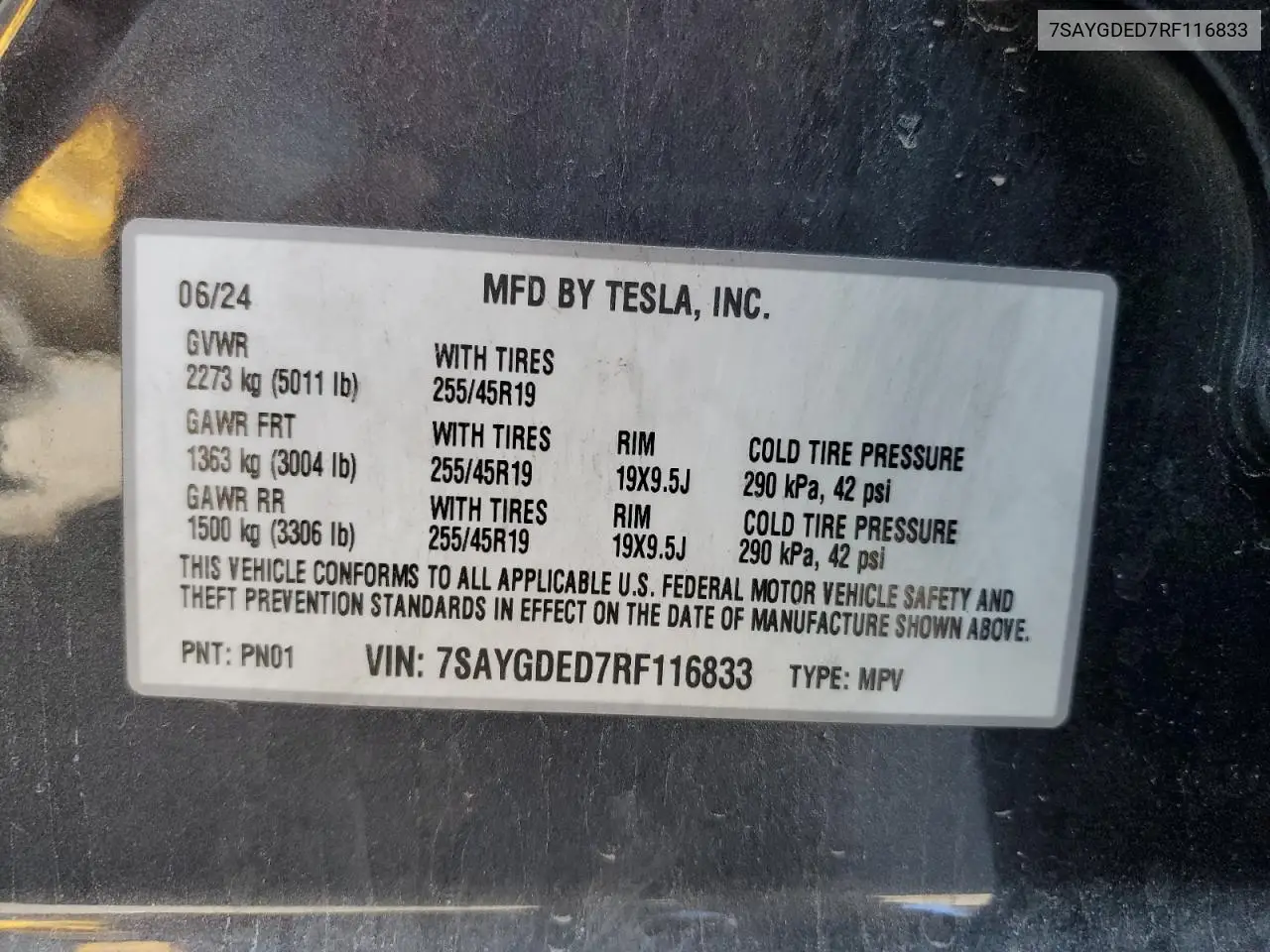 2024 Tesla Model Y VIN: 7SAYGDED7RF116833 Lot: 58777785