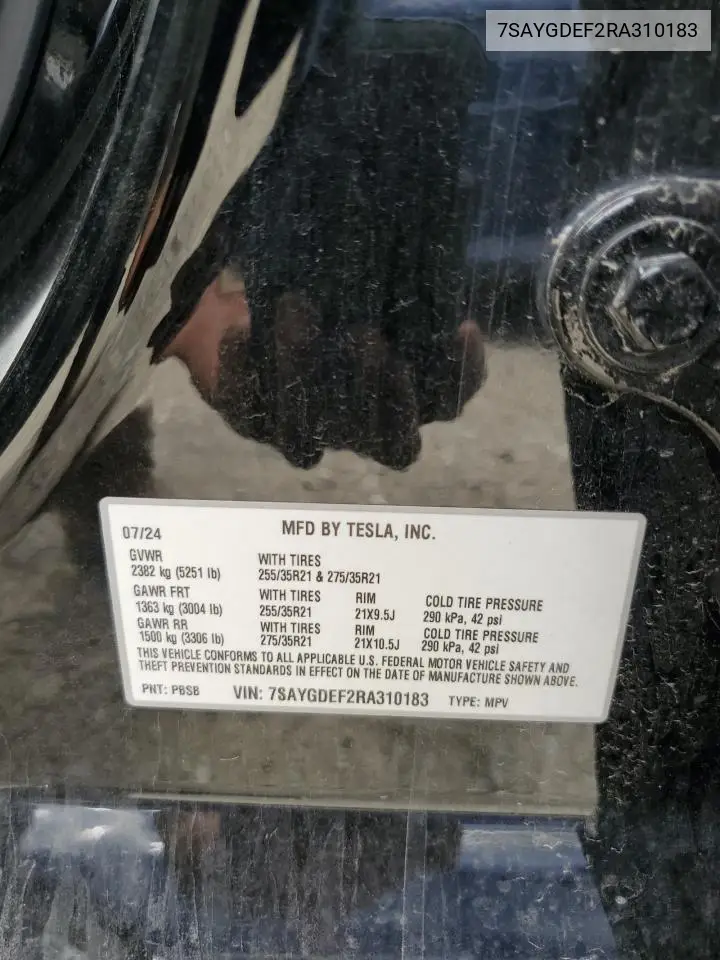 2024 Tesla Model Y VIN: 7SAYGDEF2RA310183 Lot: 65417285
