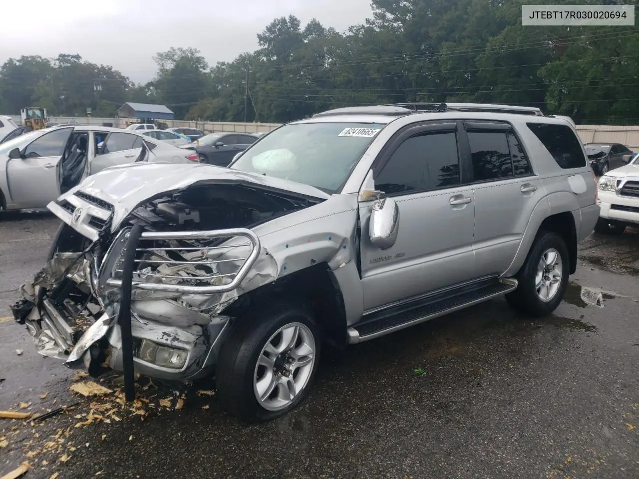 2003 Toyota 4Runner Limited VIN: JTEBT17R030020694 Lot: 62410665