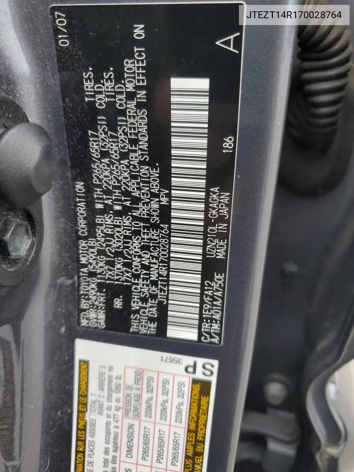 2007 Toyota 4Runner Sr5 VIN: JTEZT14R170028764 Lot: 60901005