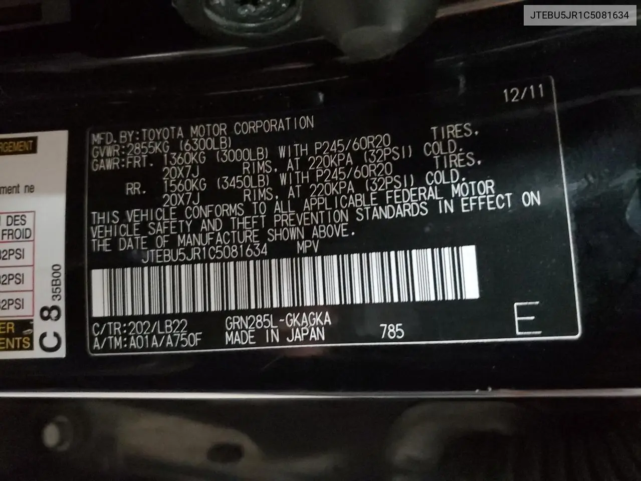 2012 Toyota 4Runner Sr5 VIN: JTEBU5JR1C5081634 Lot: 56700265