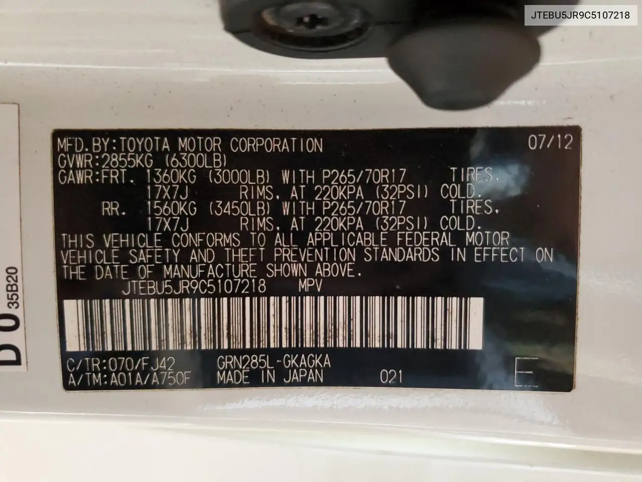 2012 Toyota 4Runner Sr5 VIN: JTEBU5JR9C5107218 Lot: 65092245