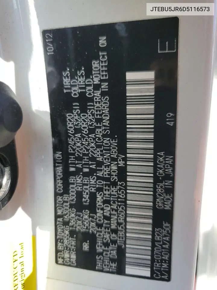 2013 Toyota 4Runner Sr5 VIN: JTEBU5JR6D5116573 Lot: 63347965