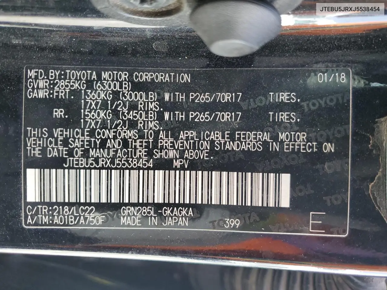2018 Toyota 4Runner Sr5/Sr5 Premium VIN: JTEBU5JRXJ5538454 Lot: 56372475