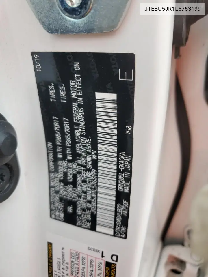 2020 Toyota 4Runner Sr5/Sr5 Premium VIN: JTEBU5JR1L5763199 Lot: 65440185