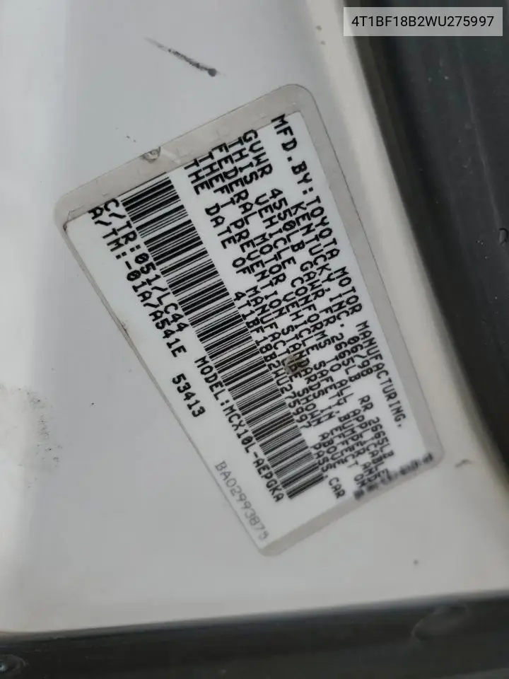 1998 Toyota Avalon Xl VIN: 4T1BF18B2WU275997 Lot: 52155195