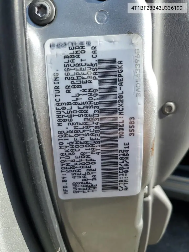 2003 Toyota Avalon Xl VIN: 4T1BF28B43U336199 Lot: 56304135