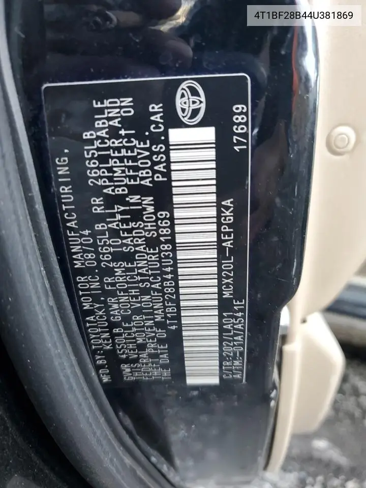 2004 Toyota Avalon Xl VIN: 4T1BF28B44U381869 Lot: 87070784
