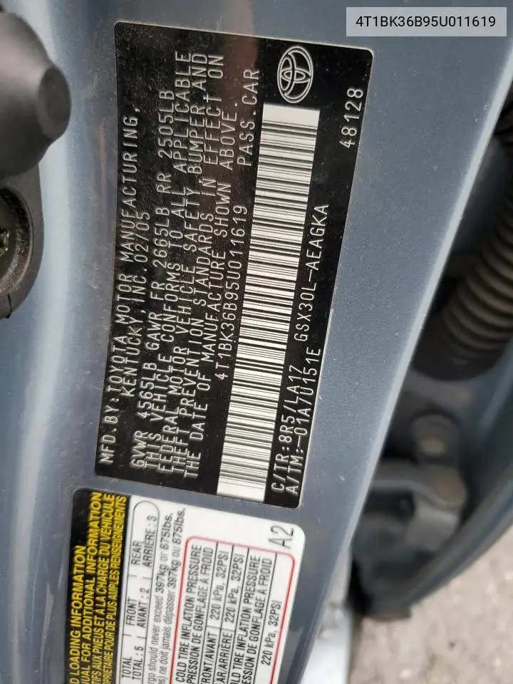 2005 Toyota Avalon Xl VIN: 4T1BK36B95U011619 Lot: 56926465