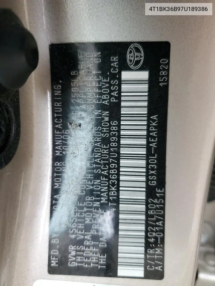 2007 Toyota Avalon Xl VIN: 4T1BK36B97U189386 Lot: 55917365
