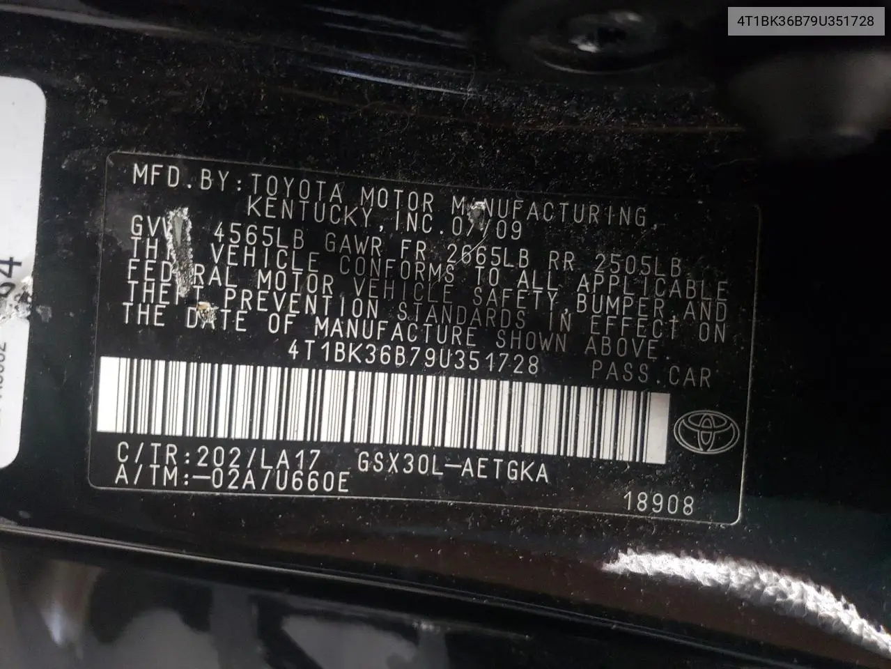 2009 Toyota Avalon Xl VIN: 4T1BK36B79U351728 Lot: 57084395