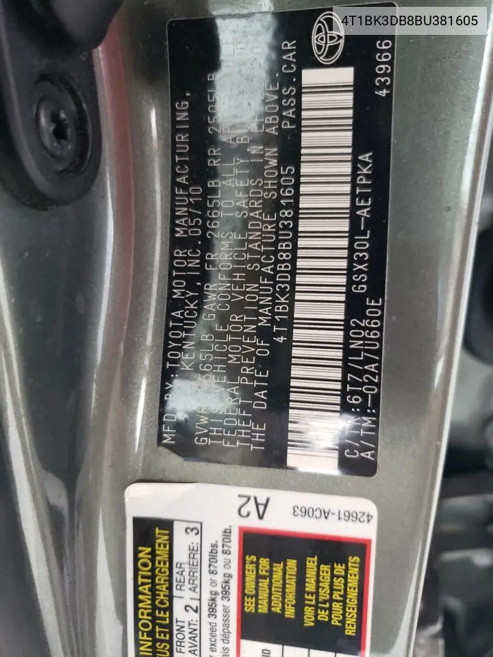 2011 Toyota Avalon Base VIN: 4T1BK3DB8BU381605 Lot: 56322845