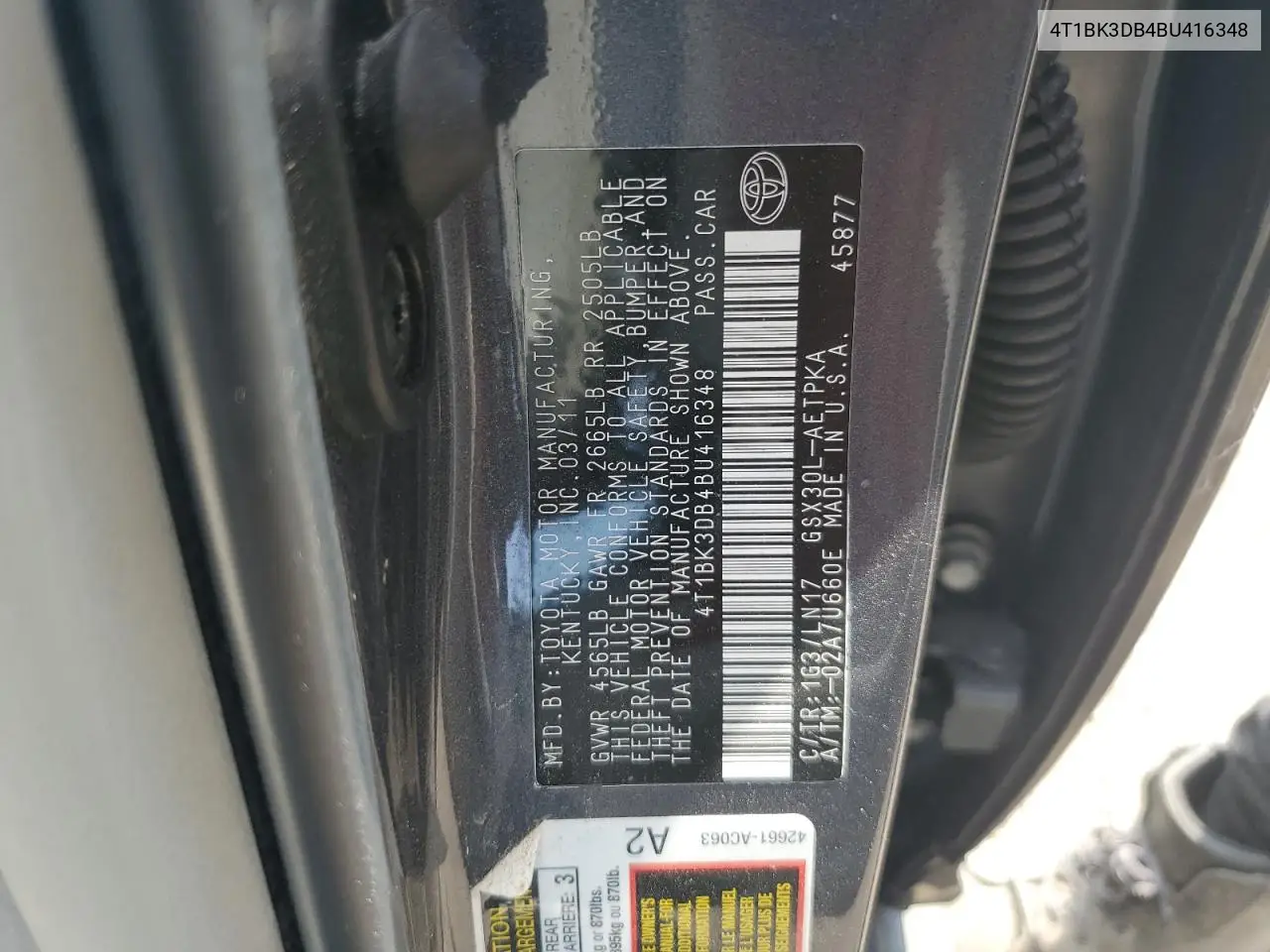 2011 Toyota Avalon Base VIN: 4T1BK3DB4BU416348 Lot: 60656665