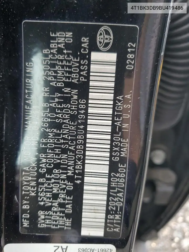2011 Toyota Avalon Base VIN: 4T1BK3DB9BU419486 Lot: 61262545