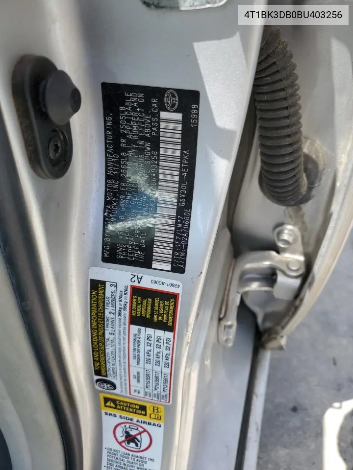 2011 Toyota Avalon Base VIN: 4T1BK3DB0BU403256 Lot: 61608915