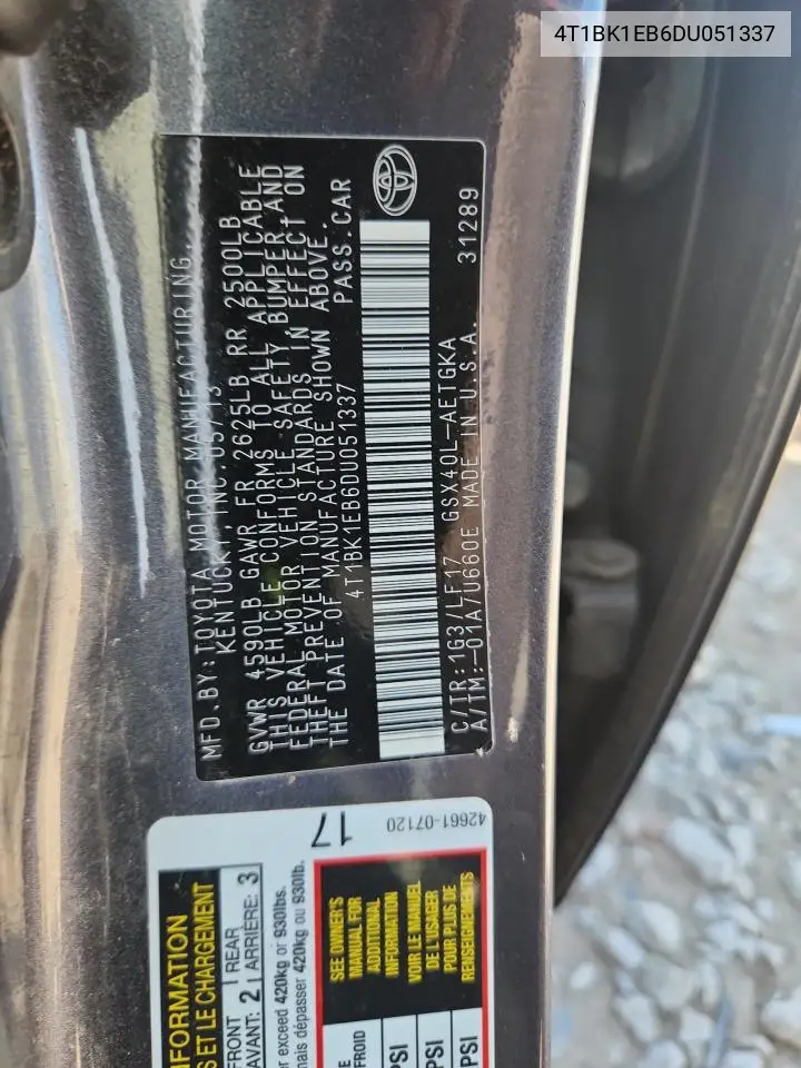 2013 Toyota Avalon Base VIN: 4T1BK1EB6DU051337 Lot: 60679245