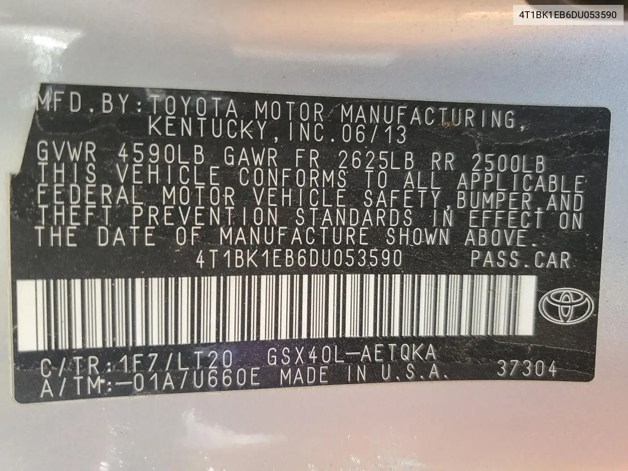 2013 Toyota Avalon Base VIN: 4T1BK1EB6DU053590 Lot: 62157505