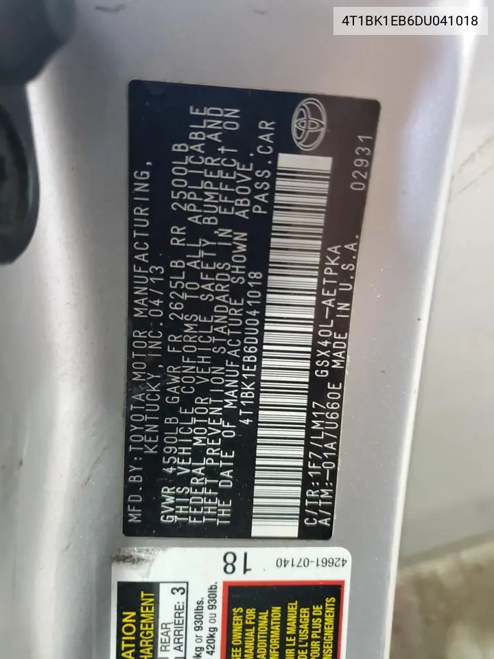 2013 Toyota Avalon Base VIN: 4T1BK1EB6DU041018 Lot: 62292755