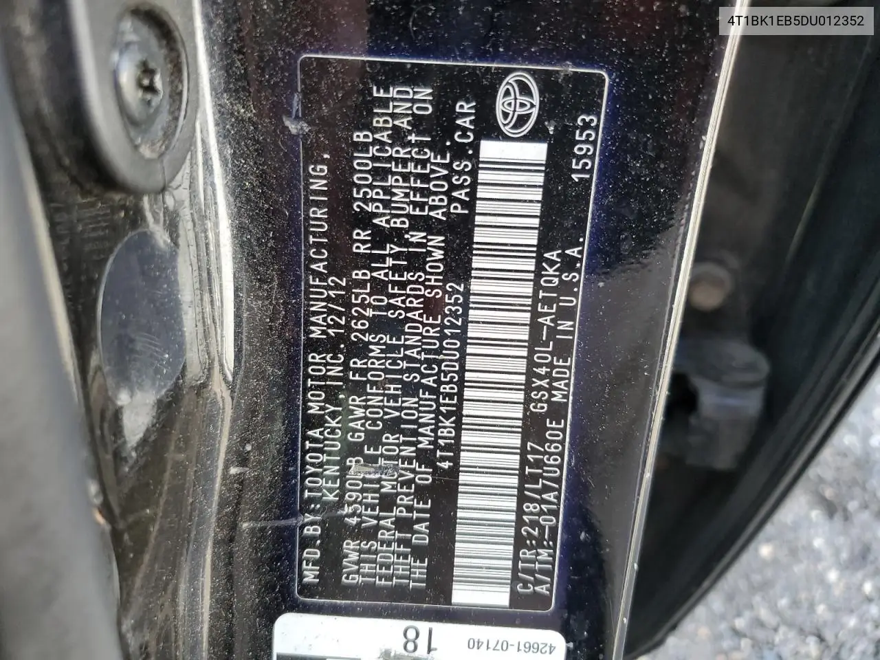 2013 Toyota Avalon Base VIN: 4T1BK1EB5DU012352 Lot: 65025925