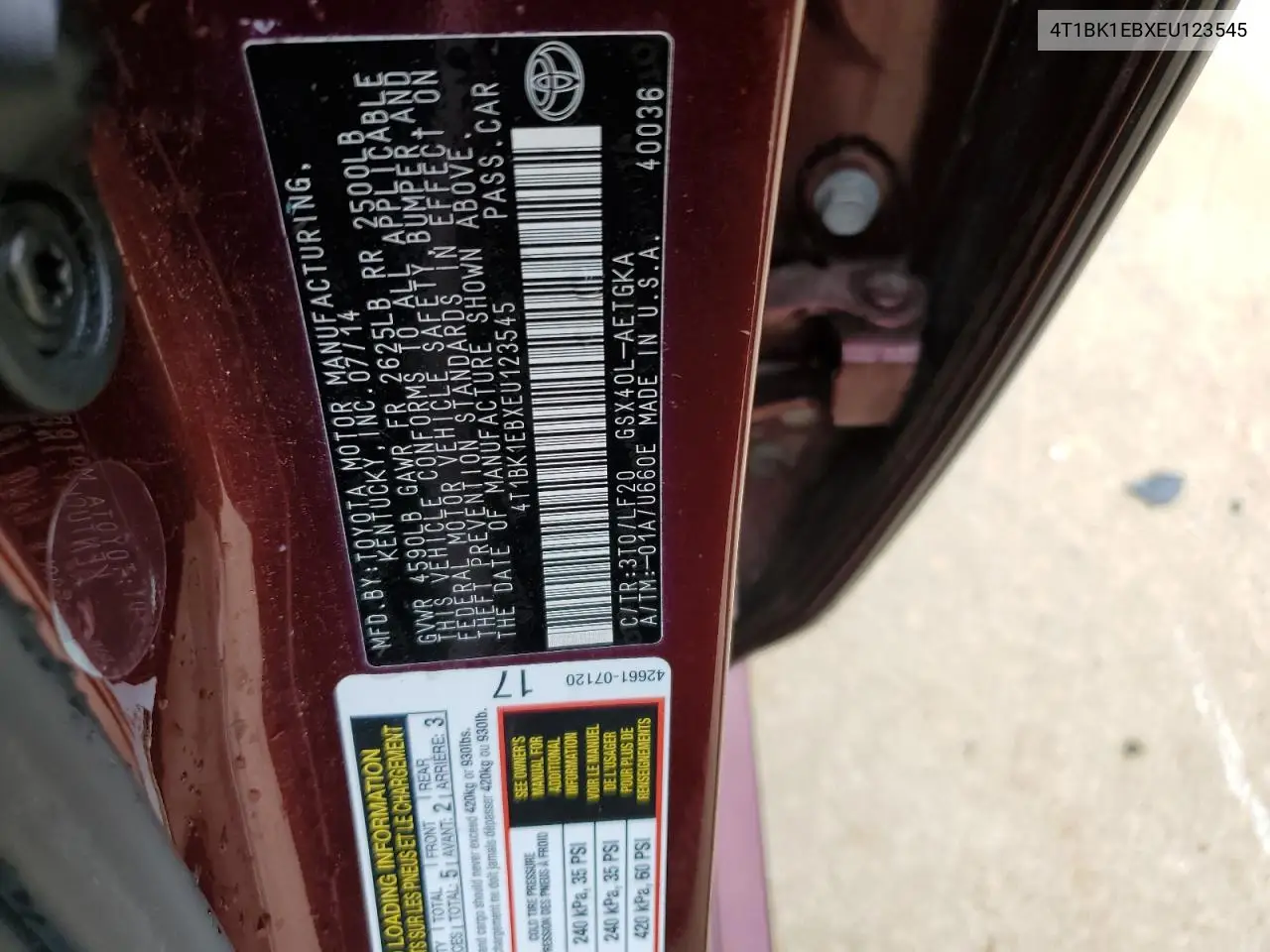 2014 Toyota Avalon Base VIN: 4T1BK1EBXEU123545 Lot: 63827285